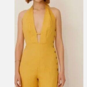 NWT Wueste Keoni Halter Linen Jumpsuit Yellow MSRP 300 Size 2